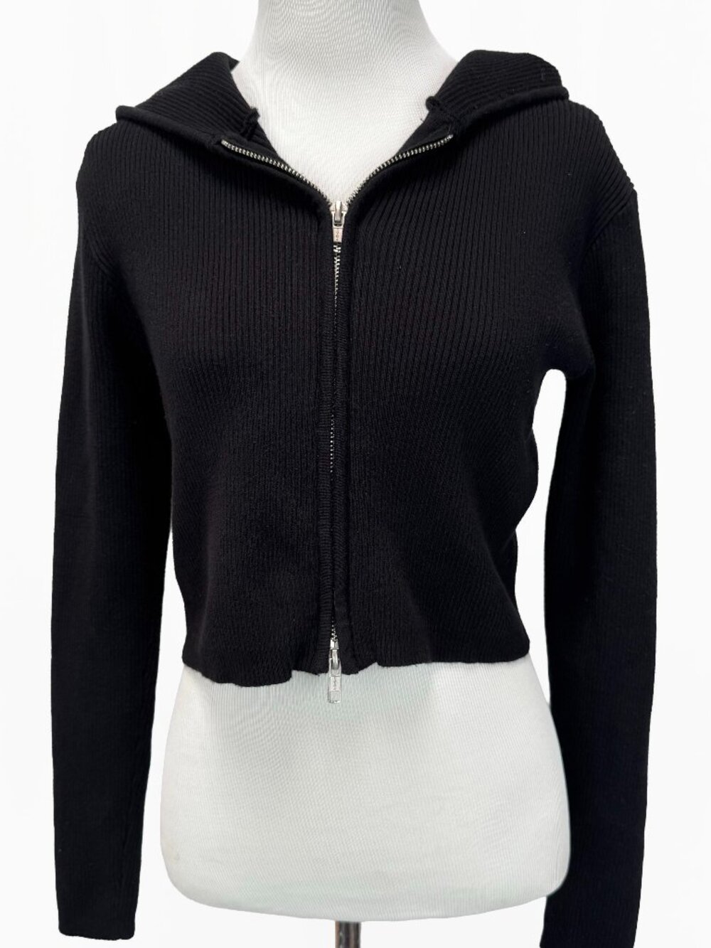 Brandy Melville Arden Hoodie Black Ribbed Knit Double Zip Cropped Sweater Top OS